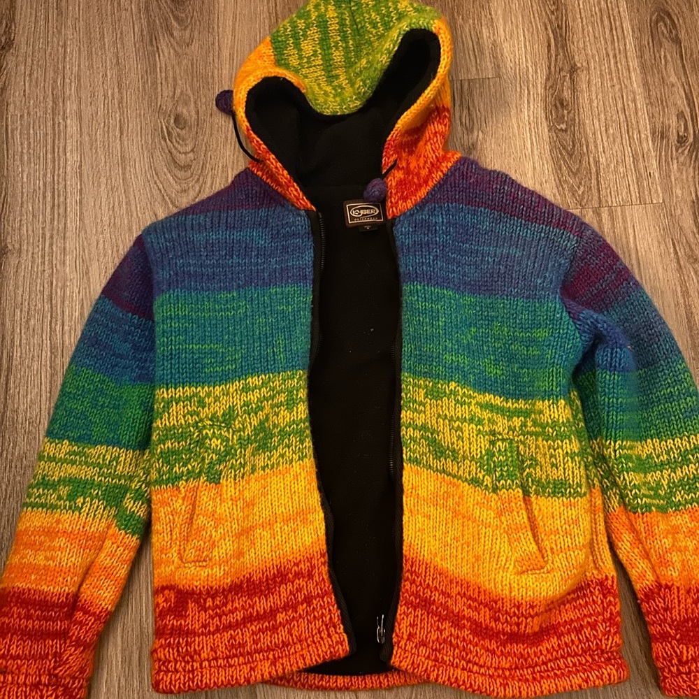 Rainbow wool fleece, size small! Incredibly warm.